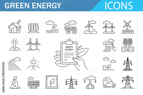 Clean energy and renewable power outline icon collection