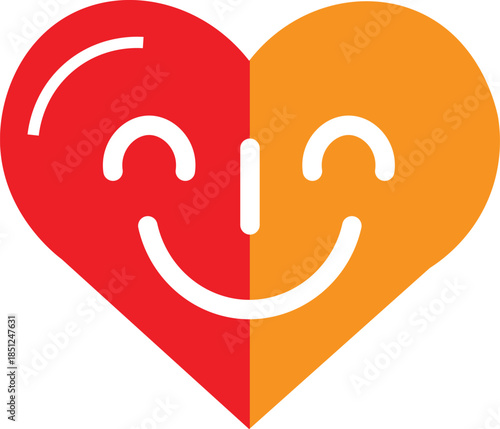 A split heart illustration featuring red and orange halves with a smiling face