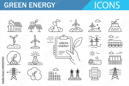 Green energy and renewable power source line icons