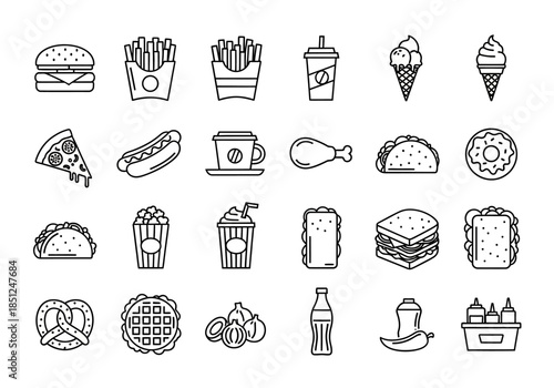 Collection of Food and Drink Icons in Black and White Line Art Style