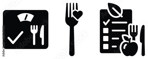 Black silhouette diet habit tracker modern vector icon set on transparent background