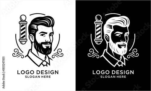 Barber Shop Logo Design with Stylish Man and Barber Pole.