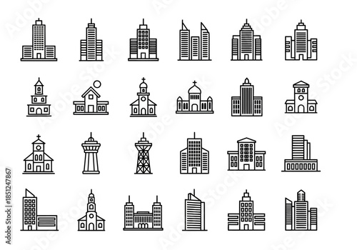 Collection of various building icons in different architectural styles