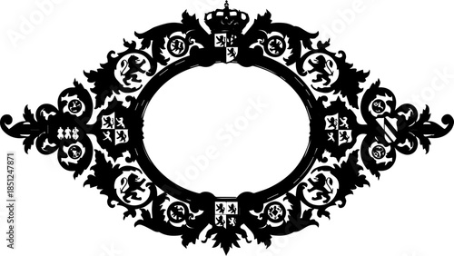 Elegant vintage heraldic frame for royal insignia, ornate border with crown and lions, perfect for sophisticated designs and luxurious invitations