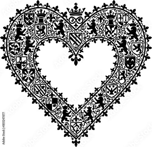 Elegant heraldic heart with crown and crests creates a vintage romantic vibe perfect for wedding designs, family history projects, or unique monograms