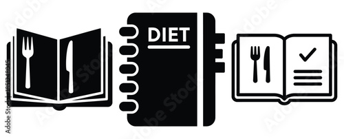 Black silhouette diet planning notebook modern vector icon set on transparent background