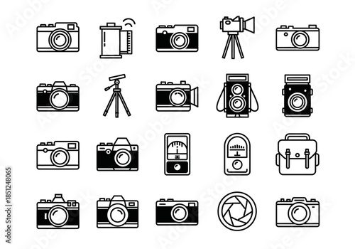 Collection of camera icons in various styles and designs on a white background