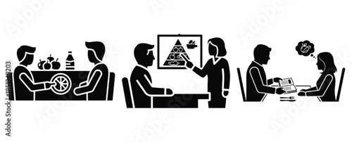 Black silhouette dietitian consultation minimal modern vector icon set on transparent background