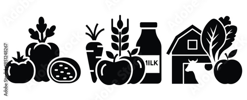 Black silhouette farm fresh food modern vector icon set on transparent background