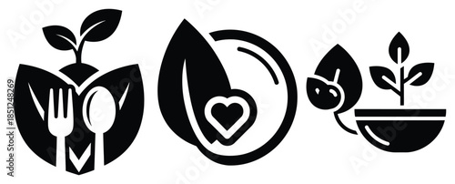 Black silhouette eco friendly nutrition modern vector icon set on transparent background