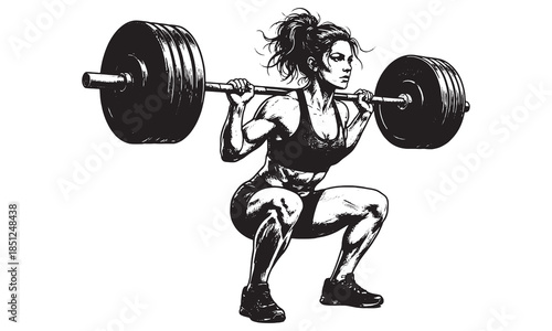 Strong Female Bodybuilder Performing Heavy Barbell Squat Vector Sketch