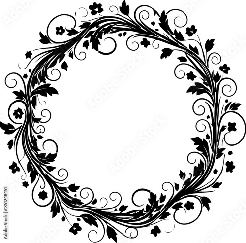 Elegant floral wreath design, perfect for wedding invitations and romantic designs, graceful leaves and blossoms convey nature's beauty with classic appeal