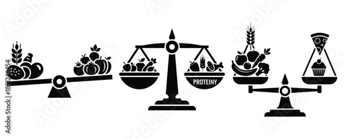 Black silhouette food balance harmony modern vector icon set on transparent background