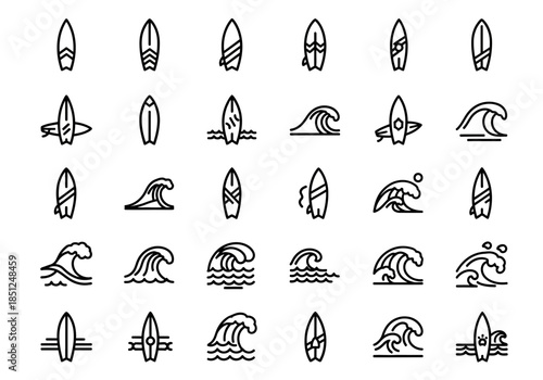 Collection of surfing and wave icons in various styles on a white background