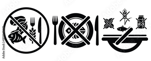 Black silhouette food allergy diet modern vector icon set on transparent background