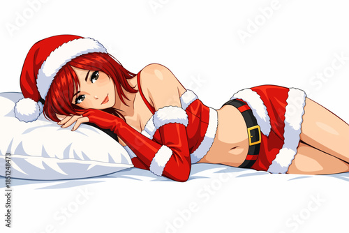 An anime-style illustration of a young woman wearing a festive Santa Claus outfit, lying comfortably on a bed with a white pillow. She is dressed in a red Christmas-themed costume with white fur trim,