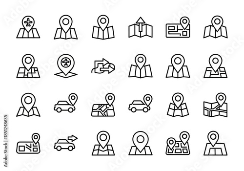 Collection of navigation and location icons in a grid, featuring map markers and user profiles, vector illustrations, simple design, black and white
