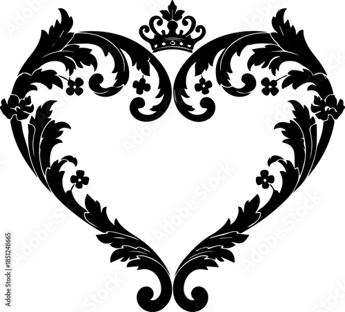 Elegant heart shaped floral ornament with crown, perfect for weddings, Valentine's Day, or luxury brand designs, originally a scalable vector graphic