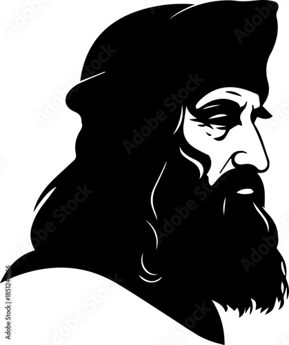 Historical figure portrait with beard and headwear, perfect for history lessons or cultural projects, vector-inspired, scalable, and ready for your design