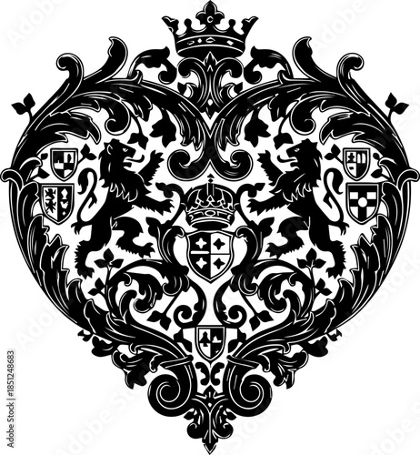 Ornate heraldic emblem with lions and crowns, perfect for regal branding, luxury designs, or historical themes. High-resolution and vector based design.