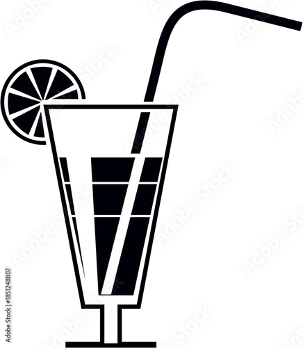 Black and white vector illustration of a tall glass filled with a refreshing drink and a slice of citrus perfect for summer beverage concepts