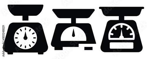 Black silhouette food portion scale modern vector icon set on transparent background