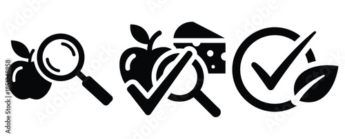 Black silhouette food quality check modern vector icon set on transparent background