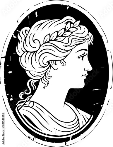 Elegant monochrome cameo of a classical woman with intricate hairstyle and laurel wreath, reminiscent of antique artistry, a symbol of timeless beauty