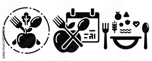 Black silhouette food wellness planning modern vector icon set on transparent background