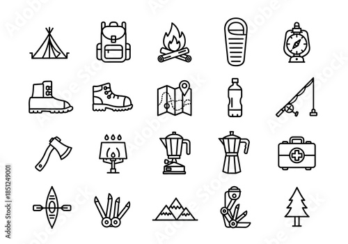 Outdoor adventure icons collection featuring camping gear and apparel