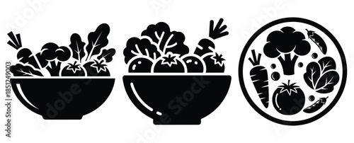Black silhouette fresh vegetable bowl modern vector icon set on transparent background