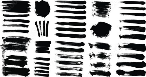 Various black paint graphic set, spray, brushstroke, drips, splashes, graffiti, lines, in dirty style. High quality, hand drawn, grunge graphic box. Ink splash stencil, brush stroke. Vector collection
