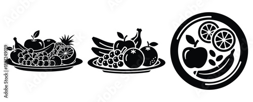 Black silhouette fruit nutrition plate modern vector icon set on transparent background