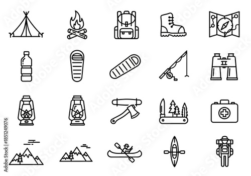 Camping Icons Set Illustrating Outdoor Adventure and Exploration