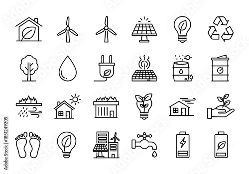 Sustainable living icons collection featuring eco-friendly symbols and renewable energy sources in a minimalist line art style