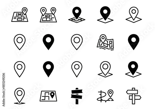 Collection of navigation icons representing various location markers and maps in different styles