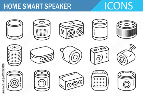 Wireless smart speaker and AI voice assistant outline icon set