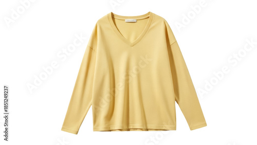 Εκτύπωση καμβά Long-sleeved V-neck yellow t-shirt isolated PNG, casual cotton top for women on
