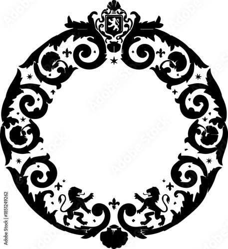 Elegant decorative frame with lions and scrollwork, perfect for invitations or logos, originally a scalable graphic for designers seeking vintage flair