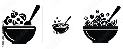 Black silhouette healthy breakfast cereal modern vector icon set on transparent background