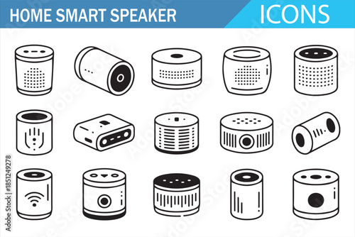 Home smart speaker icons in outline style for voice assistant technology