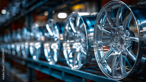 Metallic alloy wheels arranged in a row on a display rack, symmetrical composition with crisp reflections