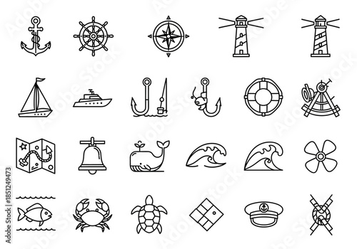 Collection of nautical symbols and icons in a grid layout