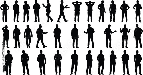 Business men silhouettes collection in various standing poses, professional male characters set, corporate people illustration isolated white background
