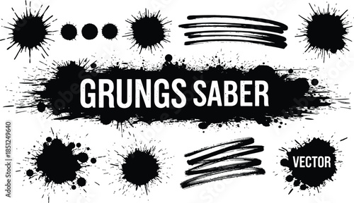 Various black paint graphic set, spray, brushstroke, drips, splashes, graffiti, lines, in dirty style. High quality, hand drawn, grunge graphic box. Ink splash stencil, brush stroke. Vector collection