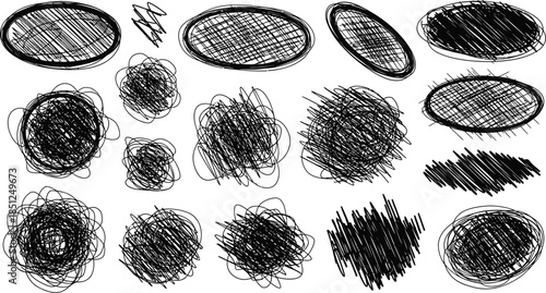 Hand drawn charcoal pencil scribble set. Childish doodle collection with lines, strokes, and shapes. Grungy sketch texture elements. Crayon smear and rough hatching vector