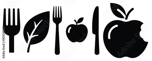 Black silhouette healthy eating reminder modern vector icon set on transparent background