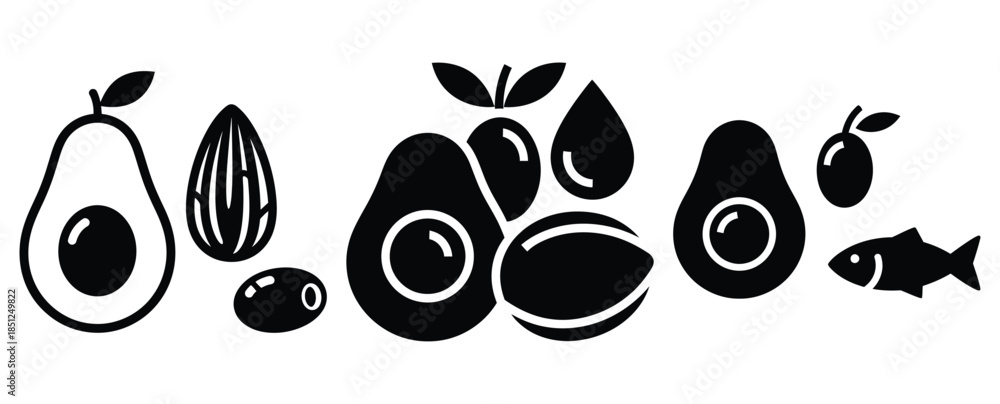 Fototapeta premium Black silhouette healthy fats food modern vector icon set on transparent background