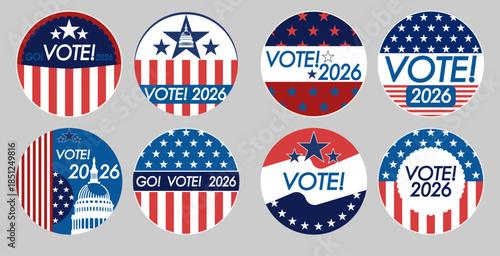 United States Midterm elections 2026, Senate, House of Representatives and Gubernatorial elections VOTE US round, pin, button, icon set. Electoral symbols, United States of America USA Flag.