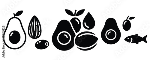 Black silhouette healthy fats food modern vector icon set on transparent background